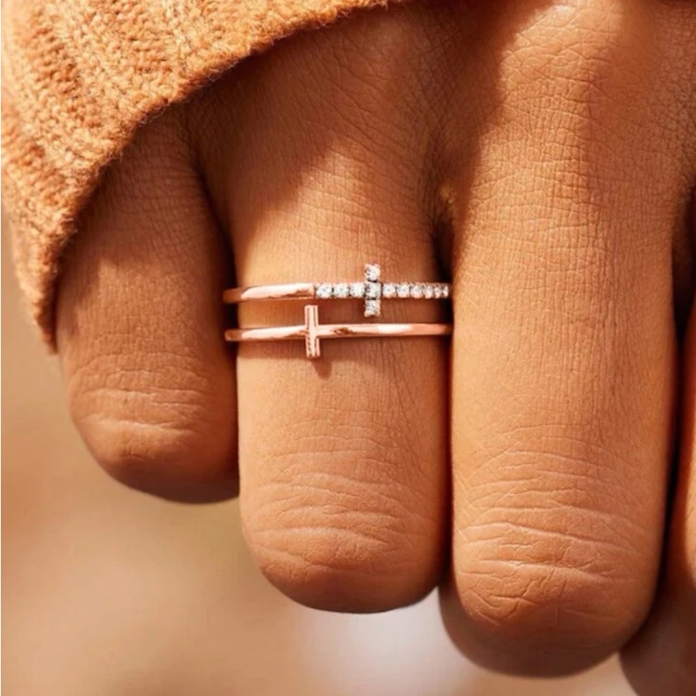 Rose Gold Double Layer Cross Ring, Double Cross Ring, Cubic Zirconia Cross Ring